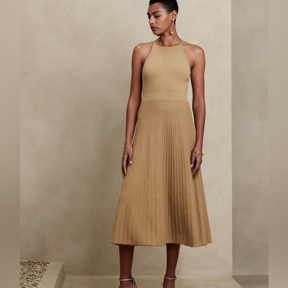 Banana Republic Dresses & Skirts - Banana Republic Knit Ribbed Midi Dress Tan Stretchy High Neck Size XL